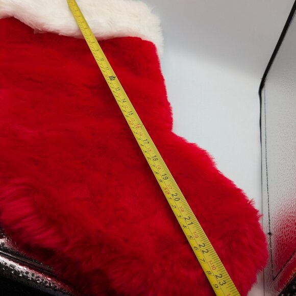 Large Red Faux Fur Christmas Stocking with White Trim and Pom Poms - Picture 8 of 10